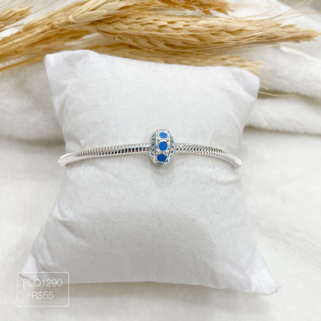 Berloque 9 Bolinhas Azuis Passador Esmaltado Prateado